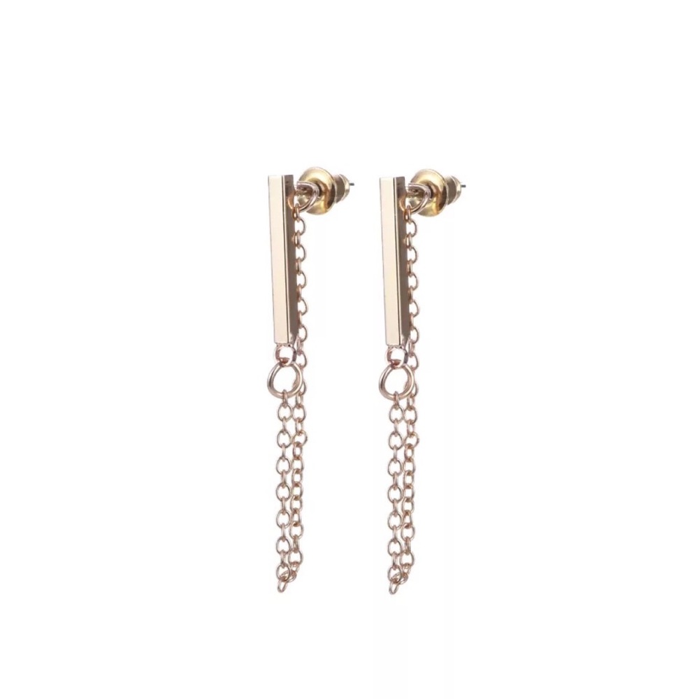 Minimalist Chained Back Bar Stud Earrings - Picture 4 of 4